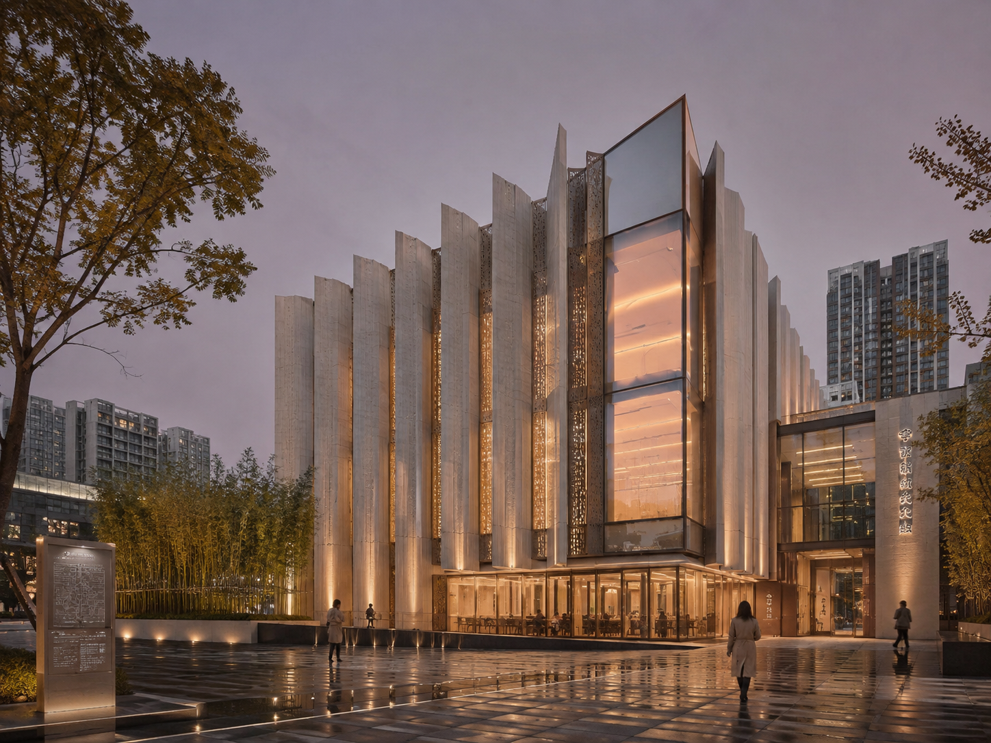 The same building rendered at dusk