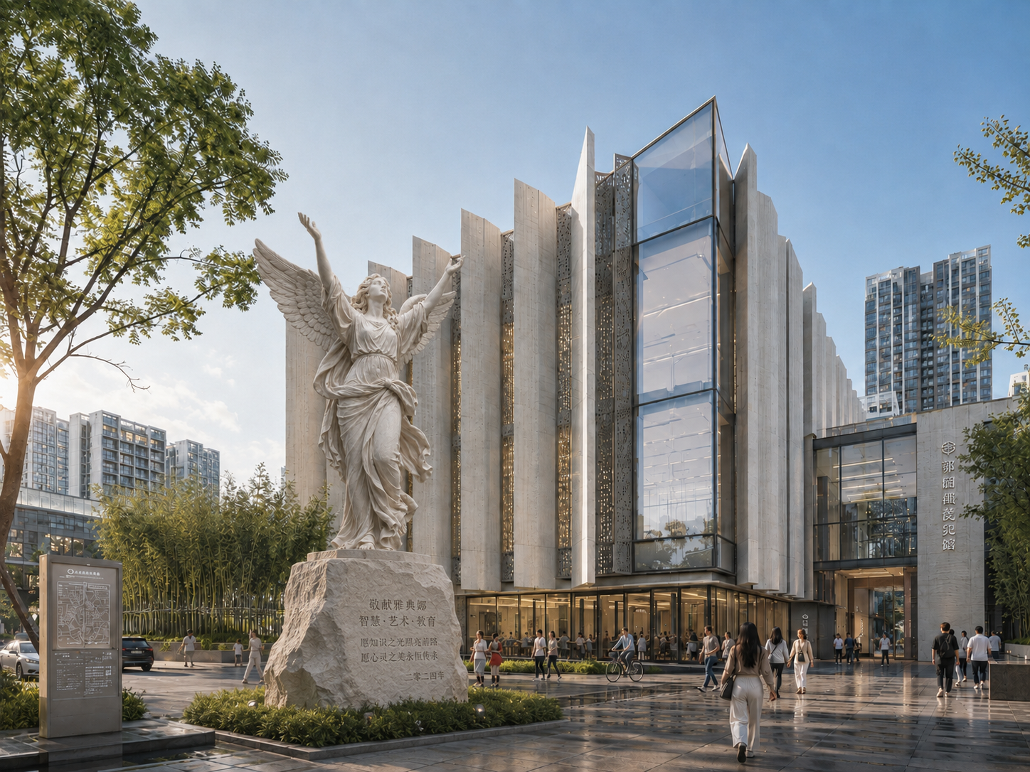 The plaza with a sculpture placed beside the entrance
